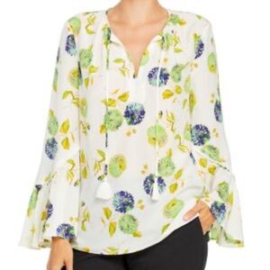 KOBI HALPERIN Blouse Floral Green Ivory 100% Silk Long Sleeve Womens
